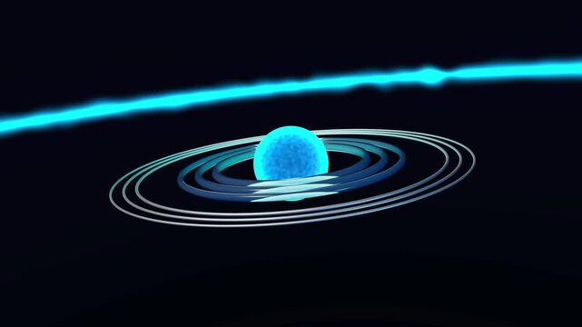 3D atom model animation with glowing blue nucleus and rotating orbital rings