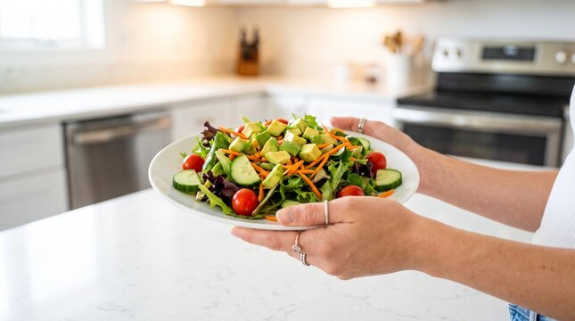 Healthy fresh salad plate held by a person in kitchen. Crisp green lettuce. Diced avocado. Sliced cucumber. Cherry tomatoes. Grated carrots. Balanced diet meal for weight loss and wellness