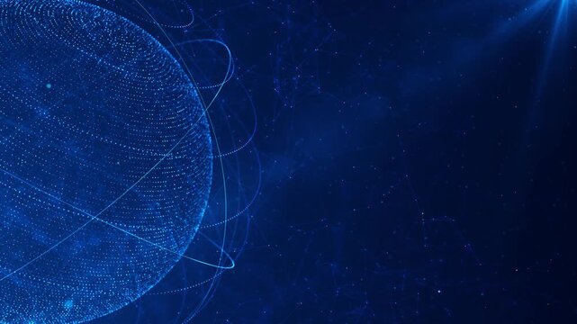Futuristic blue world sphere network lines, digital nodes, particles and open copy space. Useful for artificial intelligence, cloud systems, global business, communication, analytics and technology.