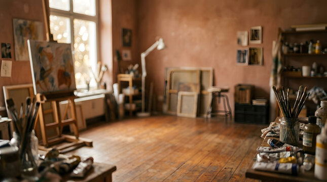 Artist studio interior with oil paints and easel | Creative workspace for professional painter | Rustic atelier with natural light | Artistic workshop filled with painting supplies