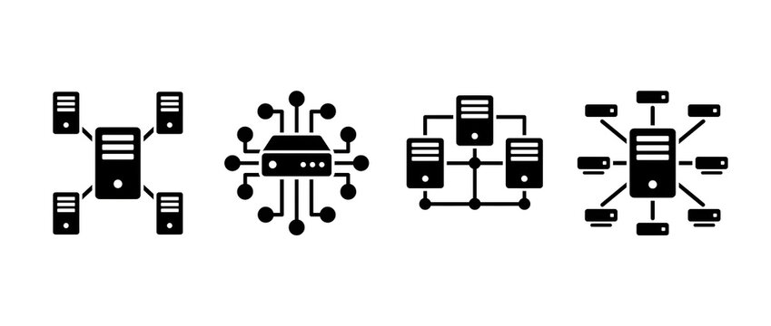 network server vector icon set featuring centralized data hub and distributed nodes on white background for it infrastructure banner