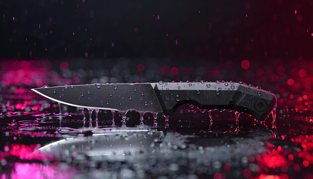 Tactical steel knife with water droplets on reflective dark surface. Outdoor survival gear and sharp cutting edge. Modern black combat blade resting on wet ground under neon lighting