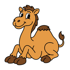Fototapeta premium A cute cartoon camel sits calmly on a plain white background