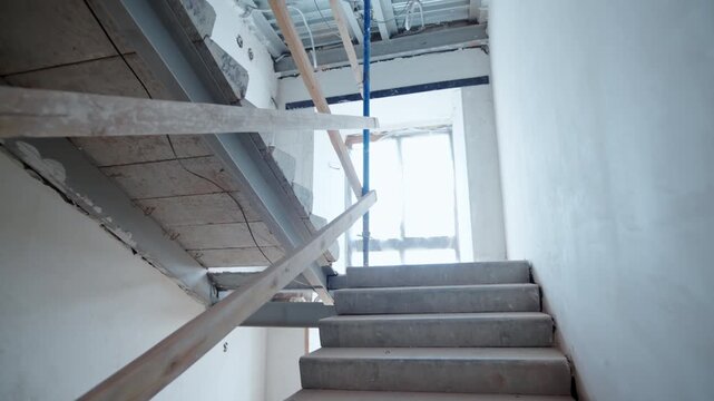 Concrete staircase rises toward bright window inside unfinished building. Steps lead upward while temporary supports frame construction