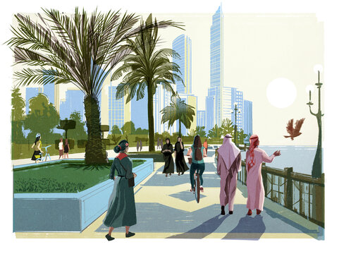 A drawing of the Abu Dhabi seafront with people 