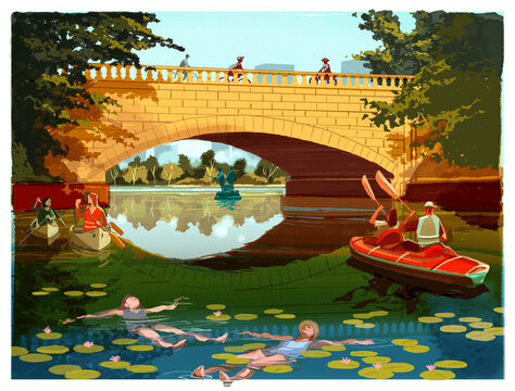 A view of a lake in Minneapolis with kayaks and people enjoying leisure time 