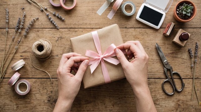 Close up hands tying pink ribbon on brown paper gift box, crafting DIY present wrapping, creative hobby workshop with washi tape scissors and dried lavender flowers on rustic wooden table.