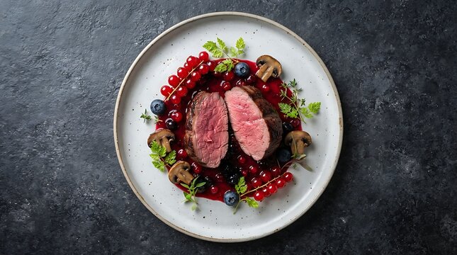 Sliced medium rare meat served with red berry sauce and fresh mushrooms on a white ceramic plate with currants blueberries mushrooms