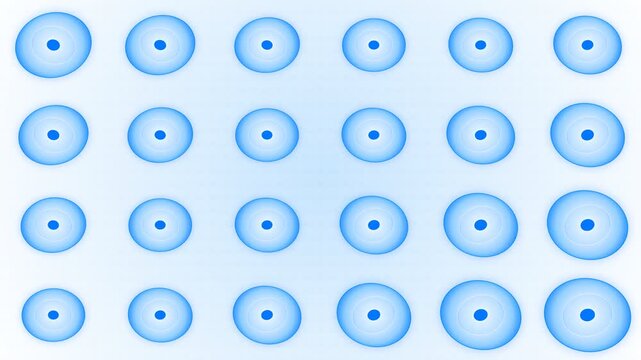 Microscopic cells or blue spheres arranged in a regular grid pattern on a bright light background