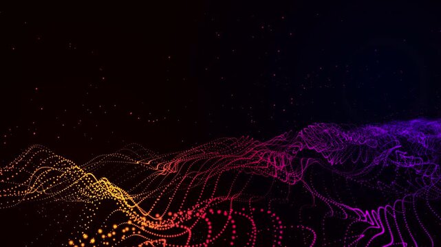 3D animation of a colorful particles wave form background with flowing digital nodes on alpha channel, ideal for tech presentations, futuristic backgrounds, and big data visualization