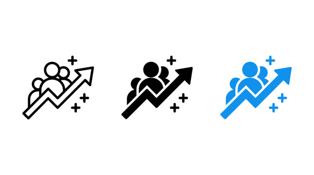 Social Media Follower Growth Icon Set Featuring User Silhouettes with Rising Success Arrows
