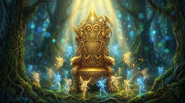 Ornate golden throne illuminated by a divine light in a mystical and fantastical setting