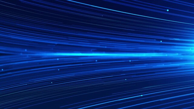 Dynamic blue light trails rush through technology scene with glowing particles and depth. Useful for network traffic, cloud computing, fast transmission, digital communication and science visuals.