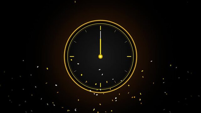 Abstract clock showing midnight with confetti celebration motion graphics.