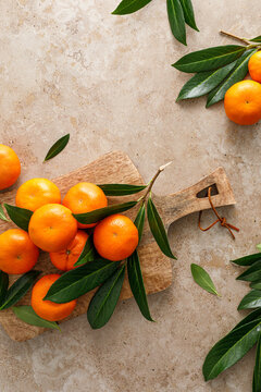 Mandarins fresh citrus fruit with green leaves