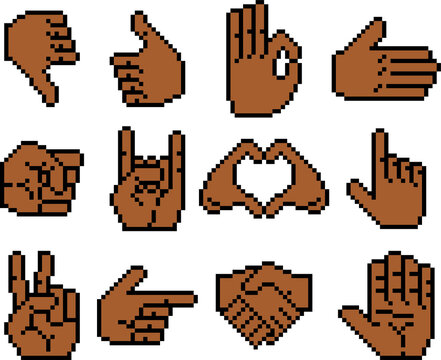Collection of retro pixel art 8 bit hand gestures in warm brown tone. Includes thumbs up, peace, OK, handshake, and heart signs. Retro digital aesthetic icon set.