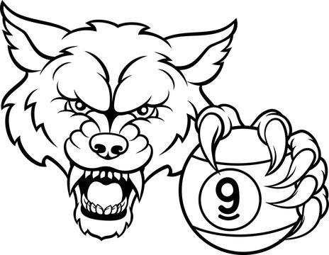 Wolf nine ball pool billiards sports mascot holding a 9 ball cartoon illustration
