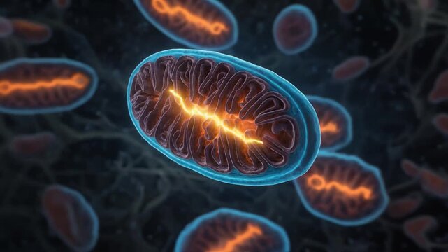 Realistic microscopic visualization of a mitochondrion with detailed cristae and glowing cellular energy, suitable for biology, medical science, cellular research, education, and technology content.