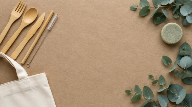 Eco friendly zero waste flat lay with wooden cutlery and eucalyptus