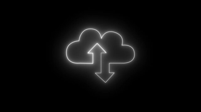 Neon glowing digital cloud icon data transfer animation on a black background.