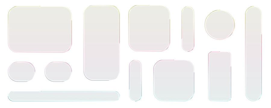 Transparent glass elements with liquid morphism effect for ui design and modern interfaces. Rounded rectangles, circles and buttons with frosted blur overlay Glassmorphism components for web or app