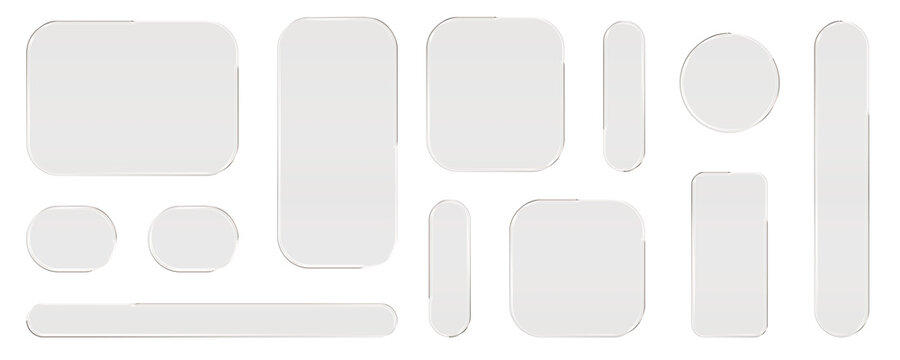 Transparent glass elements with liquid morphism effect for ui design and modern interfaces. Rounded rectangles, circles and buttons with frosted blur overlay Glassmorphism components for web or app