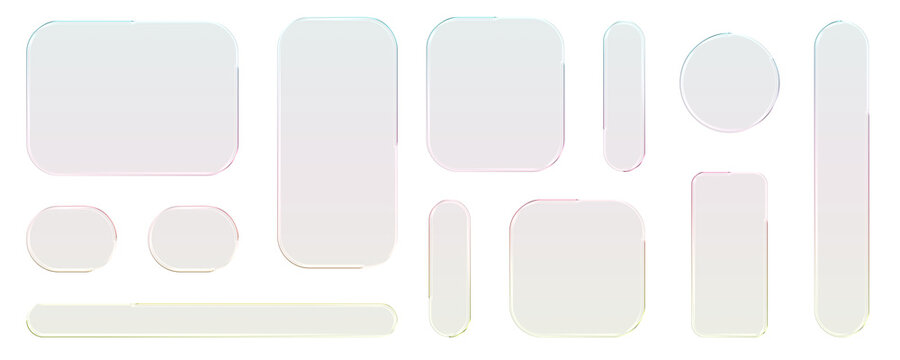 Transparent glass elements with liquid morphism effect for ui design and modern interfaces. Rounded rectangles, circles and buttons with frosted blur overlay Glassmorphism components for web or app