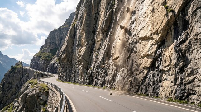 a rockfall landslide tumbling down a steep cliff onto a winding mountain road with falling debris.