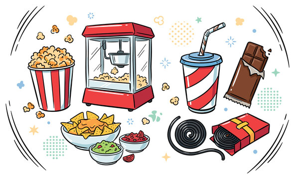 Cinema and snacks flat illustration with popcorn machine soda and chocolate for marketing design in colorful retro style
