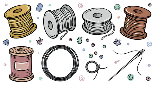 Sewing and crafts illustration with spools thread and needle for packaging in hand drawn style