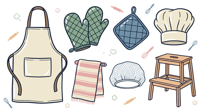 Cooking and kitchen icon set with apron mittens and utensils for packaging design in hand drawn vector style