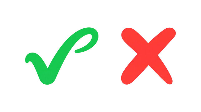 Green checkmark and red X icon. The hand-drawn symbols are isolated on a transparent background. This visual represents decision-making, approval, and rejection concepts.