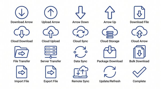 Minimal upload and download icon collection featuring directional arrows, file transfer symbols, cloud synchronization concepts, clean outline vector design, modern UI elements.
