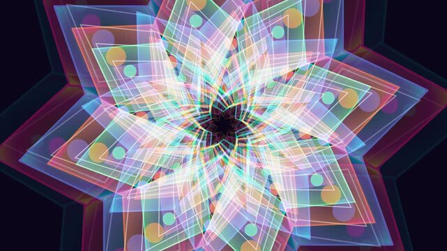 Abstract geometric star pattern with glowing transparent layers and colorful shapes in a complex kaleidoscope design