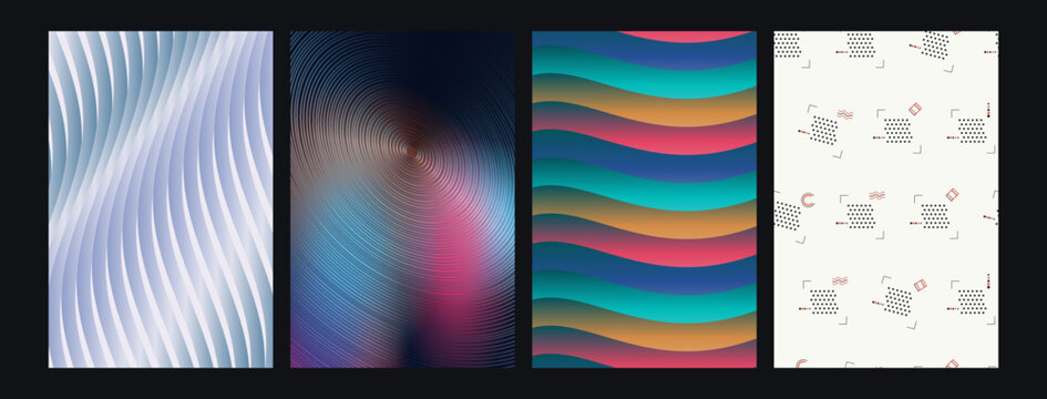 Set of four abstract geometric backgrounds featuring wavy lines, radial circles, and memphis patterns