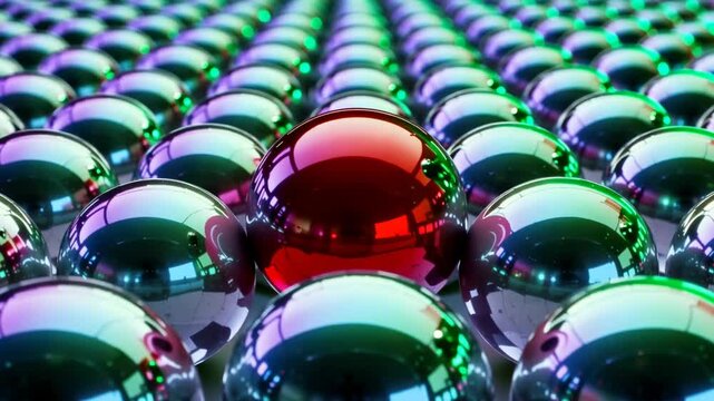 Abstract spheres reflecting iridescent light during a slow camera pan across a patterned surface
