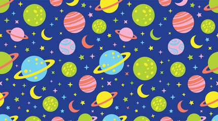 Outer Space Seamless Pattern with Planets, Moons, and Stars, Cute Colorful Galaxy Vector Background for Kids © Fariha