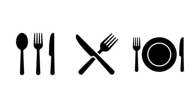 Black silhouette icons of cutlery and plates arranged in three different dining table settings layouts with various arrangements silverware