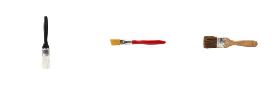 Set of 3 paint brushes including a black handle brush, a red handle flat brush, and a classic wooden handle brush isolated on transparent background, renovation and art design tools.