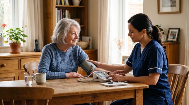 Caregiver Checking Senior Blood Pressure At Home
