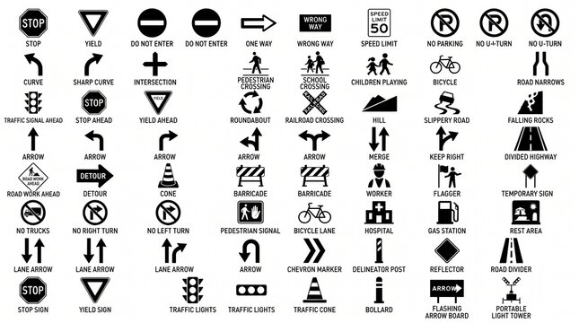 Comprehensive road safety and traffic sign icon set featuring stop signs, cones, arrows, signals, barriers, and directional markers, clean vector silhouettes.