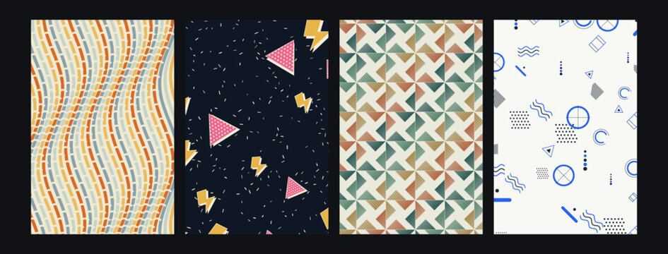 Set of four abstract geometric seamless patterns featuring retro shapes and modern minimalist lines
