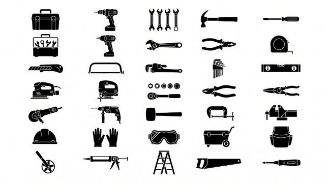 Professional construction and repair tool icon collection featuring toolboxes, cordless drills, wrench sets, maintenance equipment, monochrome silhouettes, industrial workshop vector graphics.