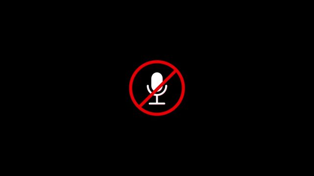 Minimal microphone mute icon red restriction circle black. Useful for virtual meetings, remote work, interviews, classrooms, conferencing, privacy controls, audio settings recording applications.
