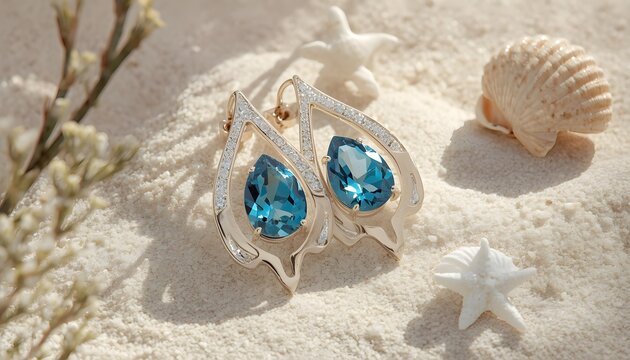 Tear drop blue gemstone earrings resting on sand with sea shells
