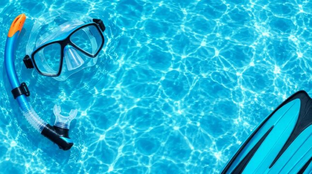 Snorkel mask and fins floating on sparkling blue pool water surface