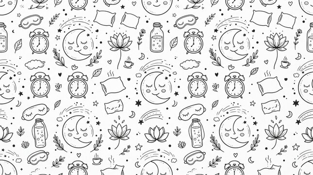 Cute sleep and wellness seamless pattern with sleepy moon faces, alarm clocks, water bottles, lotus flowers, hand-drawn doodles, minimal monochrome illustration.