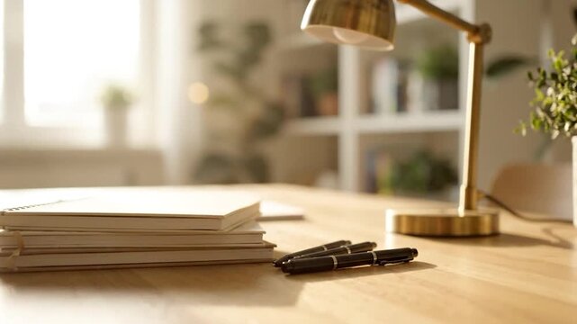 Minimalist office desk with wooden table and brass lamp.