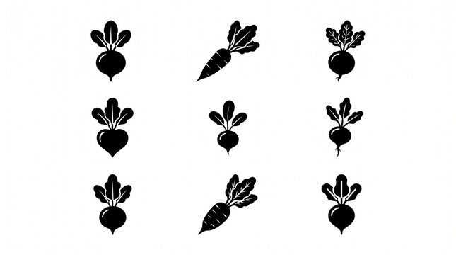 Minimal black beetroot icon collection featuring nine vegetable silhouettes, clean vector style, simple agricultural symbols, organic farming theme, monochrome, reusable design.