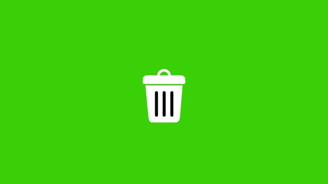 Animated trash can icon with paper thrown in on green screen background.
